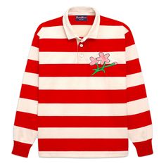 Notes Super heavyweight (400g / 14 oz.) red and cream striped rugby jersey with embroidered cherry blossoms. Handmade in Europe. 100% cotton, knitted in the traditional 12 gauge style. Stunning material and craftsmanship. Feels incredible. Details Rugby collar; three-button placket; gorgeous rib knit cuffs. Size & Rowing Blazers, Rugby Club, Tokyo Olympics, Rugby Jersey, Blazer Shirt, 12 Gauge, Team Usa, Rugby Shirt, Cherry Blossoms