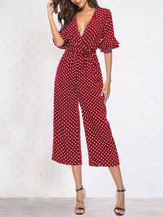 Sku CY-!5884 Material Dacron Style Wrap Feature Printed Occasion Going out , Casual , Vacation Neckline V-neck Seasons Summer , Autumn Type Jumpsuits Bottoms Color BURGUNDY,BLACK,NAVY BLUE Size S,M,L,XL Size chart: Please consult the size chart we provide for this item's measurements to help you decide which size to buy. CMINCH Cm Bust Waist Sleeve Length S 92 92 31 130 M 96 96 32 131 L 100 100 33 132 XL 104 104 34 133 Burgundy Jumpsuit, Half Sleeve Jumpsuit, Polka Dot Jumpsuit, Wide Leg Romper, Jumpsuit Elegant, Dresses Indian, Retro Mode, Printed Trousers, White Jumpsuit