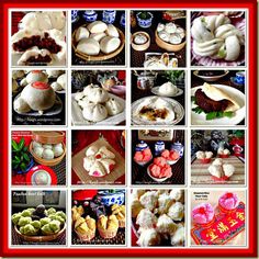 there are many pictures of different foods on this page, including dumplings and buns