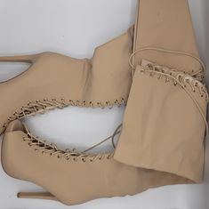 Glaze Tan Suede Thigh High Boots. Side Zip Open Toe Super Sexy Lace Up Brand New Beige Ankle-high Lace-up Boots For Spring, Fitted Beige Lace-up Boots, Fitted Beige Knee-high Heels, Beige Fitted Knee-high Heels, Fitted Brown Knee-high Lace-up Boots, Brown Wide Calf Knee-high Lace-up Boots, Suede Thigh High Boots, Brown Snip Toe Knee-high Boots With Reinforced Heel, Open Toe Boots