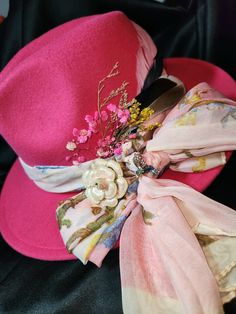 One of a kind custom made hat Pink Fedora For Kentucky Derby, Pink Fedora Felt Hat For Kentucky Derby, Fedora Hat Bands For Kentucky Derby Gift, Handmade Pink Fedora With Flat Brim, Handmade Pink Fedora With Short Brim, Handmade Pink Fedora Hat, Flat Brim Fedora For Kentucky Derby Gift, Kentucky Derby Fedora Mini Hat, Kentucky Derby Hats With Short Brim As Gift