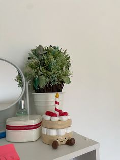 a potted plant sitting on top of a table next to a mirror and other items