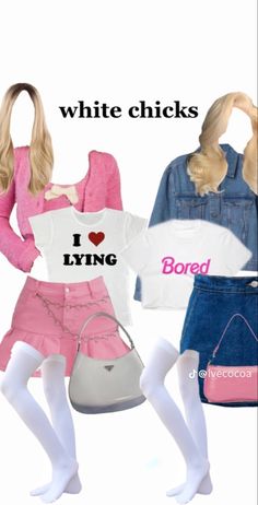 two women in different outfits with the words i love lying, bored and white chicks