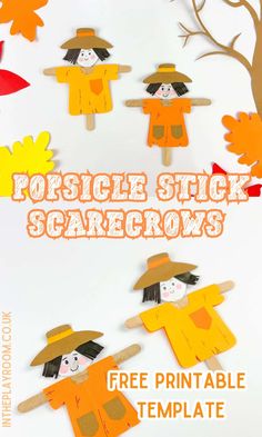 popsicle stick scarecrows with the text free printable