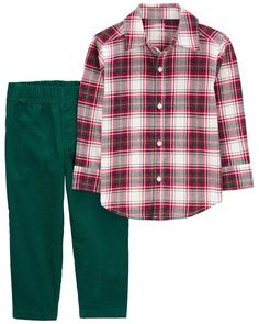 Made to match, this festive set is complete with a plaid button-down shirt to pair handsomely with easy-on corduroy pants. Family Pics Outfits, Christmas Family Pics, Little Boy Clothes, Plaid Print Shirt, Style For Kids, Corduroy Pant, Kids Christmas Outfits, Boys Plaid, Carters Baby Boys