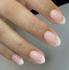 White And Tan Nail Designs, Lace Design On Nails, Lace Inspired Nails, Nail Ideas For Italy, Fall Nails Girly, Paris Nails Ideas, Dainty Floral Nails, Cute Neutral Nail Designs, Lace French Tip Nails