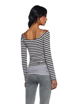 This off the shoulder top has a striped pattern, long sleeves, and a stretchy fit. Black Stretch Long Sleeve Off-shoulder Top, Black Stretch Off-shoulder Long Sleeve Top, Striped Off-shoulder Top For Spring, Striped Off-shoulder Fitted Top, Striped Fitted Off-shoulder Top, Fitted Striped Off-shoulder Top, Fitted Top With Striped Sleeves, Halloween Costume Boots, Trapeze Artist