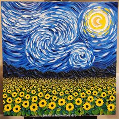 a painting with sunflowers in the foreground