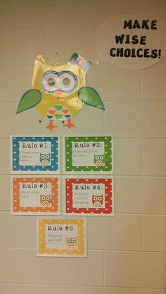 an owl themed bulletin board hangs on the wall in a school hallway, with instructions to make wise choices