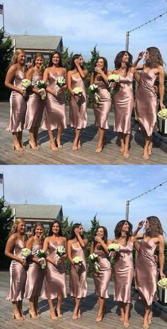 four pictures of women in different dresses posing for the camera