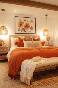 a bed with an orange comforter and two lamps on either side of the bed