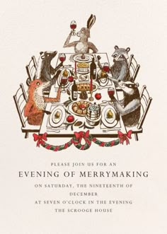 an image of a christmas dinner with animals on it's table and the words evening of merrymaking