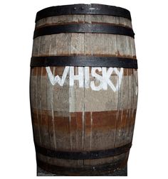 an old wooden barrel with the word whiskey painted on it