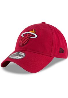 This Miami Heat Red Adjustable Hat features a front embroidered team logo on a lightly-structured cotton crown, with pre-curved visor and adjustable backstrap. Team logo embroidered on the front, Cloth Strap Closure to dial in the perfect fit, Relaxed, unstructured fit, Pre-curved bill, 100% cotton construction, New Era Flag logo on side, Dad hat, 100% Cotton, Washable, Imported Cotton Crown, Red Core, Nba Miami Heat, Larry Bird, Flag Logo, Oklahoma City Thunder, Detroit Pistons, San Antonio Spurs, Houston Rockets