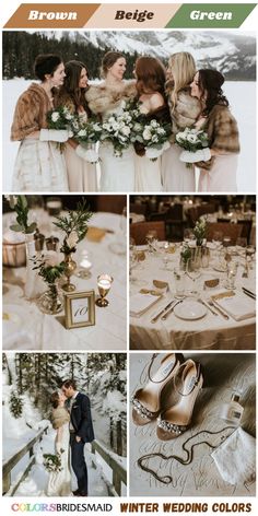 a collage of photos showing the bride and grooms at their winter wedding