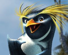 a cartoon penguin with yellow hair and an angry look on it's face, standing in front of palm trees