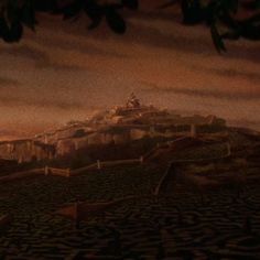 an animated scene of a castle on top of a hill