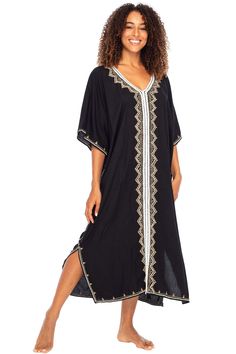 Add a tribal twist to your beach time in this black and gold summer maxi swimwear cover up. Zigzag embroidery adds a spicy accent to this long beach caftan, with a casual vacation vibe and a loose flowy fit that works beautifully on plus sizes. It offers great sun coverage, and is so easy to wear for cruises, lounging, vacation or relaxing days at the beach. Back From Bali is dedicated to creating beautiful, quality clothing with a heart. All of our items are crafted, sewn and painted by hand in Embroidered Kaftan For Beach Cover-up, Summer V-neck Embroidered Kaftan, Bohemian Unlined Kaftan For Beach, Casual Embroidered Maxi Dress For Vacation, Summer Vacation Embroidered Maxi Dress, Embroidered Maxi Dress For Summer Vacation, Bohemian Kaftan For Beach Resort Season, Bohemian Style Unlined Kaftan For Vacation, Embroidered Beachwear Maxi Dress For Summer