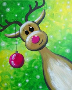 a painting of a reindeer with a christmas ornament hanging from it's antlers