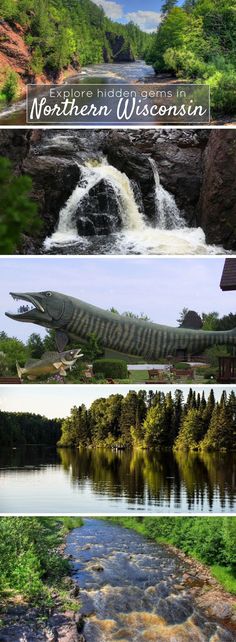 four different views of the mountains and rivers in northern wisconsin, including a river with rapids