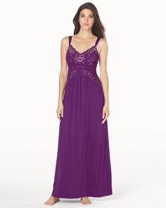 Soma Intimates Floral Noir Nightgown Majestic Plum With Soft Tan #somaintimates Elegant Night Dresses With Lace Bodice, Evening Lace Nightgown With Lace Trim, Lace Sleepwear With Contrast Lace For Night, Lace Nightgown With Contrast Lace, Sleeveless Lace Nightgown For Evening, Elegant Lace Patchwork Nightgown, Evening Lace Nightgown With Delicate Details, Lace Patchwork Night Dress, Night Dresses With Lace Patchwork