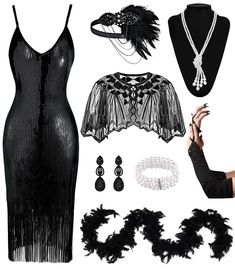 a woman in a black dress and accessories including feathers, necklaces, bracelets and earrings