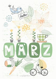 the word marz is surrounded by flowers, plants and other things in different colors