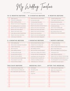 the wedding checklist is shown in pink and white with black lettering that says, my wedding