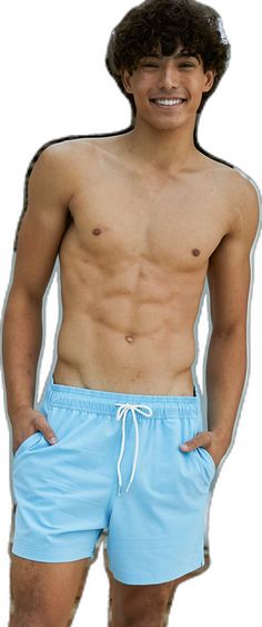 Blue Athletic Shorts For The Beach, Blue Athletic Shorts With Elastic Waistband For Beach Season, Stretch Swimming Shorts With Pockets, Blue Short Leg Swim Trunks For Beach, Moisture-wicking Solid Bottoms For Beach Season, Beach Swim Trunks With Pockets, Solid Color Short Inseam Beachwear Bottoms, Solid Summer Gym Bottoms, Moisture-wicking Short Bottoms For Beach