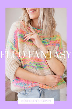 Unser farbenfroher Pullover Fluo Fantasy überzeugt mit bunten Akzenten und verbreitet einfach gute Laune für den Frühling! 🌈 Summer Knitting Patterns, Knitwear Inspiration, Comfy Clothing, Nice Clothes, Summer Knitting, All Eyes, Mode Fashion, The Rainbow, Comfy Outfits