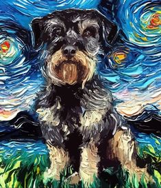 a painting of a dog sitting in front of a starry night sky with stars