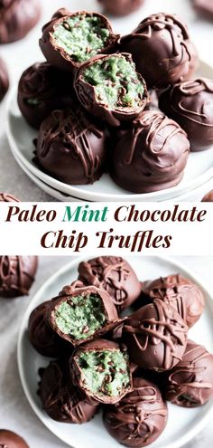 chocolate mint truffles on a white plate