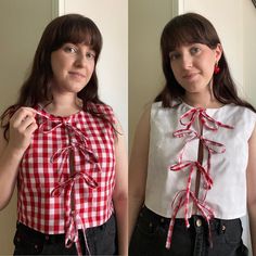 Reversible Red Gingham Cowgirl Bow Vest Top Made to Order - Etsy Netherlands Cottage Fits, Aesthetic Vest, Tshirt Upcycle, Tank Tops Summer, Y2k Kawaii, Coquette Outfit, Summer Plaid, Reversible Top, Clothing Diy