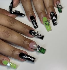 Kawaii Charm Nails, Nails With Charms, Bday Nails, Vacay Ideas, Green Acrylic Nails, Nail Board, Chrome Nails Designs, Long Acrylic Nail Designs, Future Job