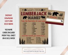 a lumber themed baby shower game is shown with the name and date on it's card