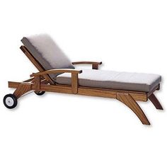 a wooden chaise lounge chair with wheels on it's back and seat cushion