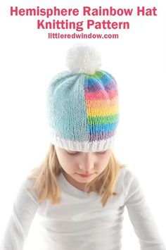 This cute hemisphere rainbow hat knitting pattern is half blue skies, half rainbow stripes and a big fluffy white cloud pom pom on top! Knitting Pattern Easy, Baby Hat Pattern, Intarsia Knitting