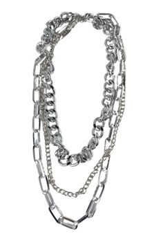 The combination of three different chains in one necklace makes the Elle Multi Chain Layered Necklace in Silver a go-to accessory. This necklace features a rolo chain and two types of curb chains. Get an easy layered look with the Elle Multi Chain Layered Necklace. Length:  * 18.5" approx. Silver Chain Aesthetic, Layered Necklace Silver, Chain Layered Necklace, Chains Aesthetic, Metal Head, Layered Necklaces Silver, Rolo Chain, Layered Necklace, Jewelry Inspo