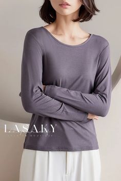 Lasaky - Premium Slim Fit Round Neck Long Sleeve T-Shirt Mockup with Undershirt Gray Crew Neck Top For Layering, Basic Gray Crew Neck Top, Basic Long Sleeve Gray T-shirt, Basic Gray Long Sleeve T-shirt, T Shirt Mockup, Tshirt Mockup, Shirt Mockup, Sleeve Type, Long Sleeve T Shirt