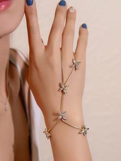 Women Gold-Plated Flower Crystal Graceful Hand Chain Ring Bracelet Bracelet With Ring Attached Hand Chain, Bracelet With Ring Attached, Bracelet With Ring, Finger Bracelets, Horse Eye, Ring Bracelet Chain, Butterfly Bracelet, Hand Bracelet, Hand Chain