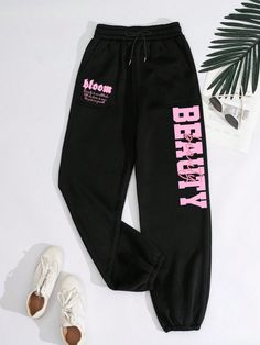 Black  Collar  Knitted Fabric Letter,Slogan Jogger Embellished Slight Stretch Fall/Winter Women Clothing Codm Wallpapers, Women Sweatpants, Fabric Letters, Print Leggings, Printed Leggings, Letter Print, Winter Women, Letter Prints, Women Clothing