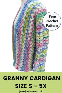 A colourful granny cardigan is styled on a mannequin showing the side view Crochet Sweater Jacket, Block Stitch Hexagon Cardigan, Free Crochet Jacket Patterns For Women, Crochet Jacket Patterns Free, Granny Stitch Vest Pattern, Crochet Granny Square Cardigan Plus Size Pattern, Womens Crochet Vest Patterns Free, Granny Square Crochet Sweaters, Granny Stitch Crochet Pattern