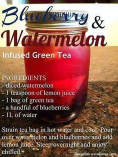 blueberry and watermelon infused green tea in a mason jar with instructions on how to use it