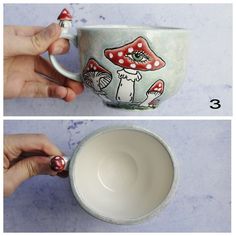 two pictures showing how to paint a coffee cup with mushrooms on it and then using acrylic