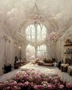 a room filled with lots of pink flowers and white drapes on the windowsill