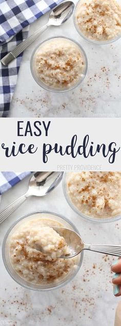 easy rice pudding recipe in glass bowls with spoons