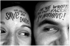 two people with their faces covered in words on their foreheads, one has the word save the date written on his forehead