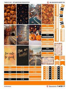 an orange and black halloween planner sticker sheet with lots of pumpkins on it