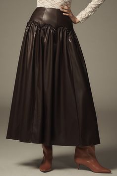 This fan-fave skirt is back, featuring a drop waist with ruffle detailing, a full skirt, and a style that transitions through the seasons. | x Anthropologie Basque-Waist Maxi Skirt by Mare Mare in Brown, Women's, Size: XL, Polyester/Polyurethane Tiered Skirt With Pleated Waist And Voluminous Fit, Relaxed Ruffle Skirt For Fall, Tiered Skirt With Pleated Waist, Fall Pleated Tiered Maxi Skirt, Fall Ruffled Relaxed Fit Skirt, Voluminous Tiered Skirt For Fall, Ruffled Flared Skirt For Fall, Fall Relaxed Maxi Skirt With Pleated Hem, Fall Maxi Skirt With Pleated Hem And Relaxed Fit