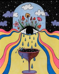 an eye is in the sky above a bowl with flowers and raindrops on it